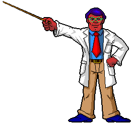 Professor Stubble, with lab coat, spectacles and an exceptionally long pointer